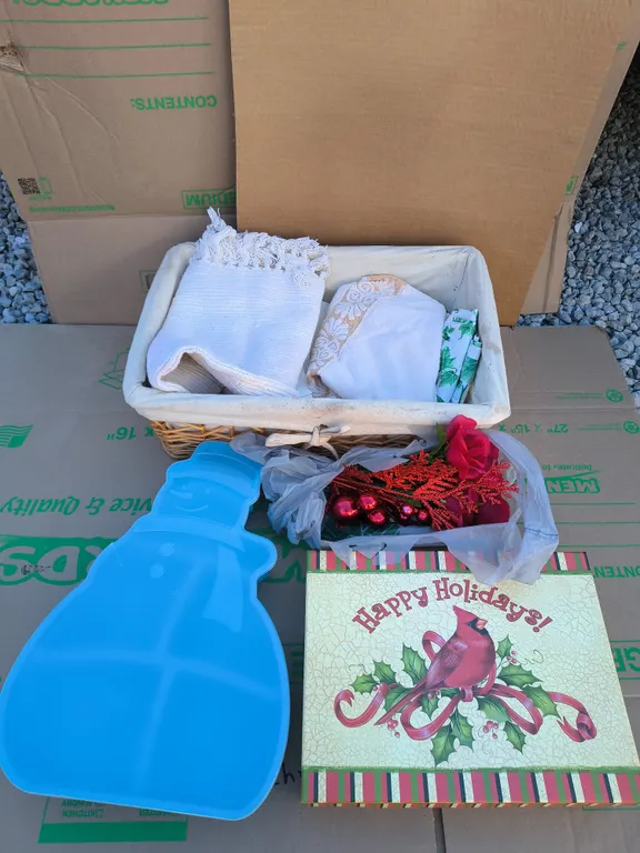 Holiday Decor Bundle - Snowman Plastic Tin, Cardinal Tin, Wicker Basket Lot