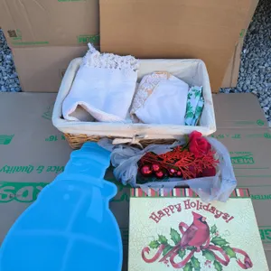 Holiday Decor Bundle - Snowman Plastic Tin, Cardinal Tin, Wicker Basket Lot