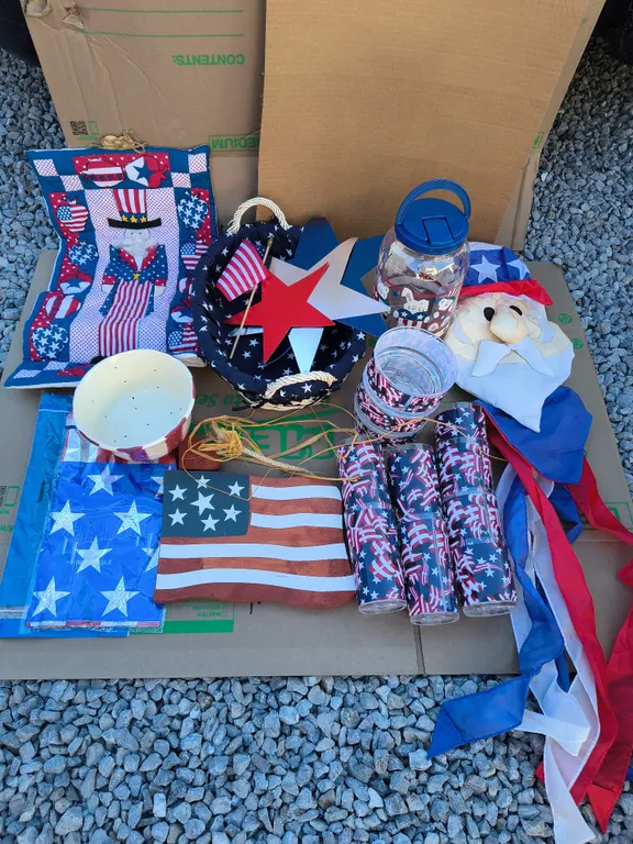 Patriotic 4th Of July Americana Home Decor Lot - Uncle Sam, Drinkware, Woven Basket, Bella Casa By G