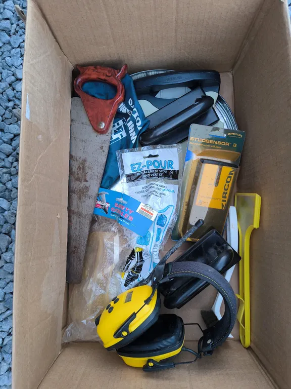 Hand Tools Lot: Safety Googles, Hand Saw, Stud & Joint Locator & More