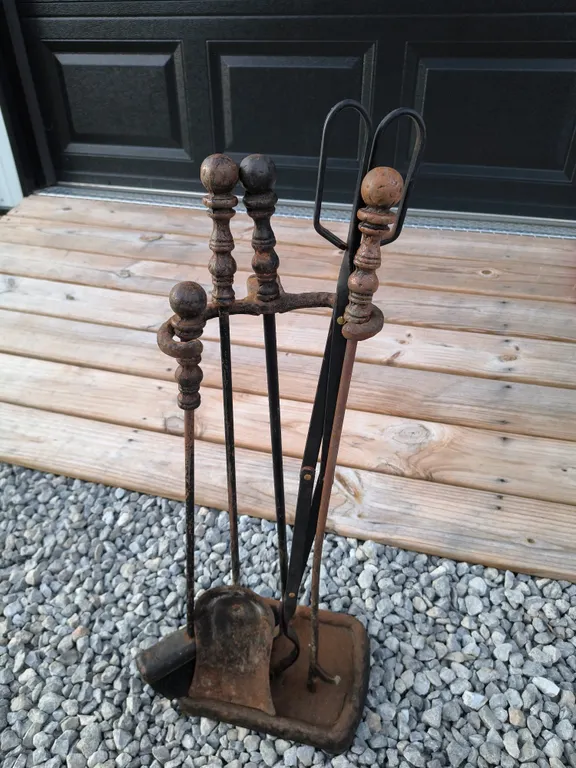 Vintage Cast iron/Wrought Iron Fireplace Tool Set With Matching Stand