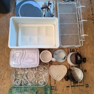 Kitchenware & Collectibles Lot - Anchor Hocking, Pampered Chef, Stainless Steel Silverware, Stonewar