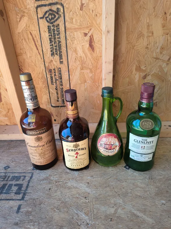 Collectible Empty Bottles Lot: Seagram's, Canadian Club, Spanada & The Glenlivet