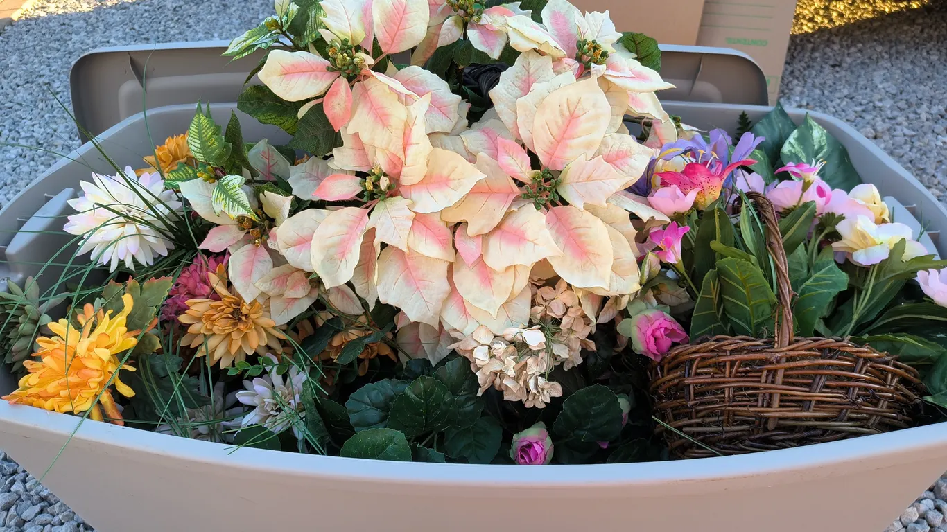 Assorted Faux Floral Arrangements In Wicker Baskets With Big Storage Bin Lot