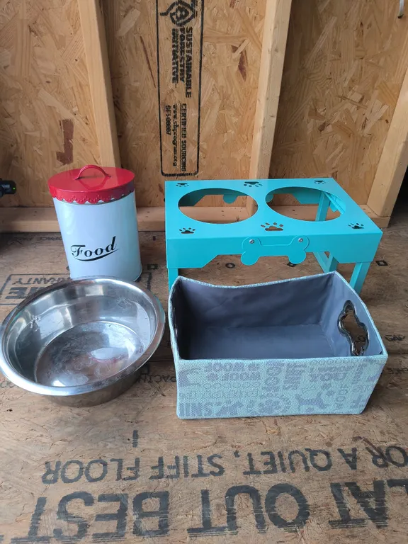 Pet Supply Lot: Elevated Feeder Stand, Food Storage Canister, Stainless Bowl & Toy Bin