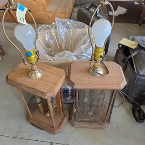 Vintage oak and glass end table lamps