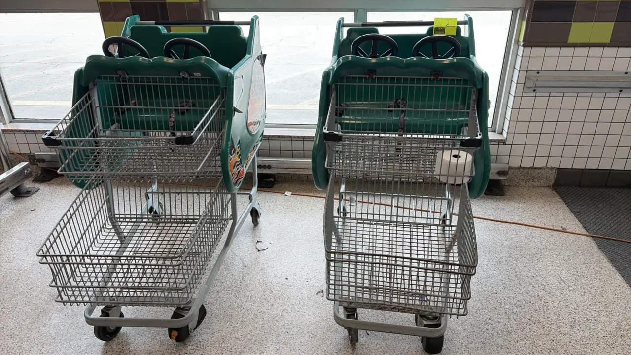 Kids grocery shopping carts. Features green molded plastic cab with dual steering wheels, seating for two, safety straps, flame decals, and upper and