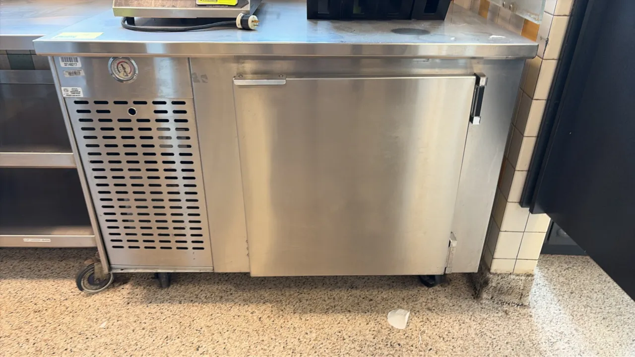EMI Industries R-BPT-10-CC single-door reach-in cooler. Features stainless steel construction, single solid door, 1 interior wire shelf, exterior temp