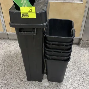 Assorted plastic trash cans. Includes (1) tall slim receptacle with open-top lid and (5) nested wastebaskets. Black plastic construction. Contents not