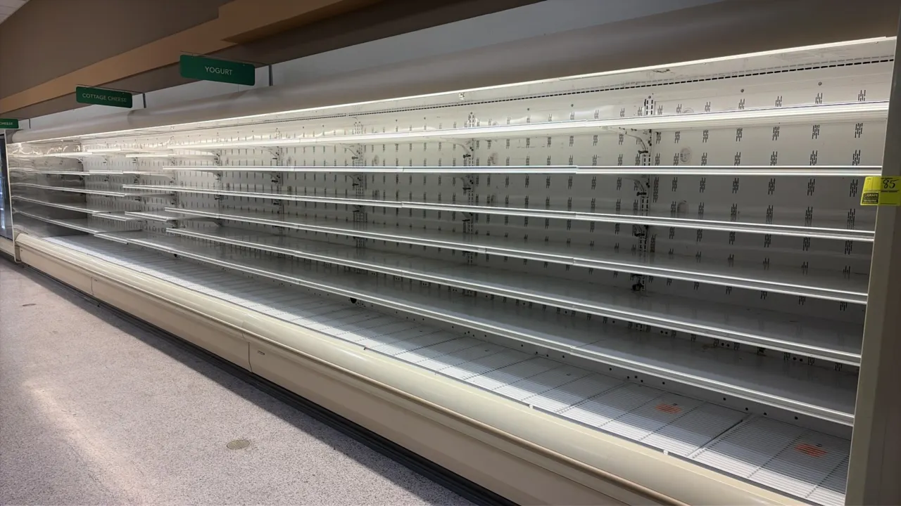 2012 Hillphoenix O5DM12 multi-deck open dairy display case. Features multi-tier adjustable shelving and interior lighting. 26'L with 12'L sections. El