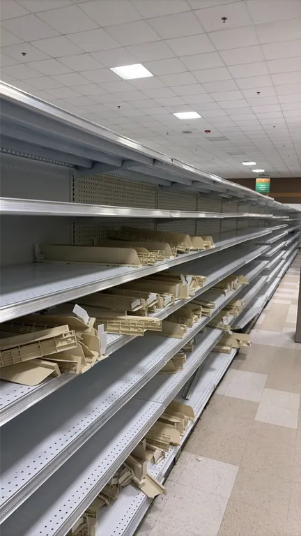 144'L of Madix gondola shelving. 72"H uprights with 22"D base shelves. Features pegboard backing and adjustable upper shelves. Note: Sold by the foot,