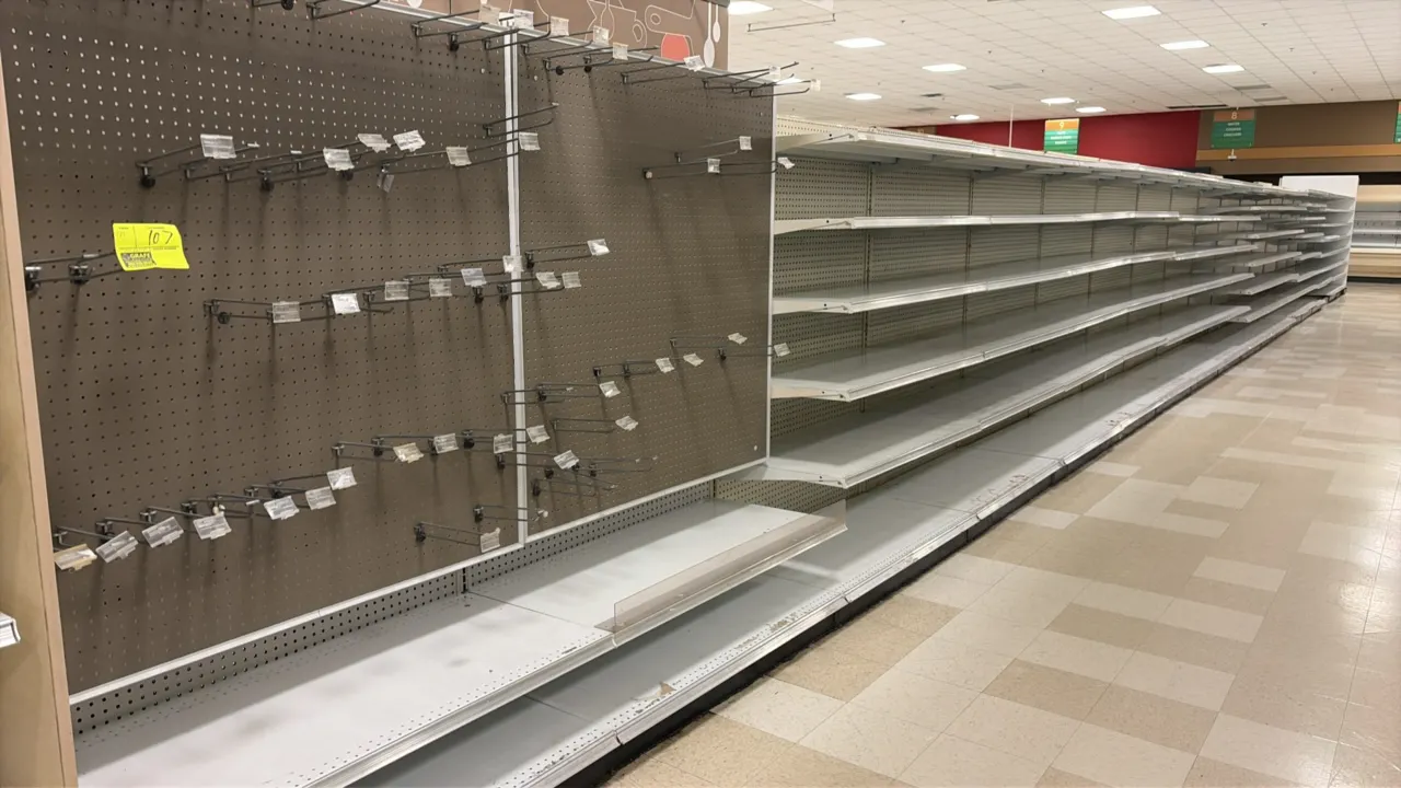 144'L of Madix gondola shelving. 72"H uprights with 22"D base shelves. Features pegboard backing and adjustable upper shelves. Note: Sold by the foot,
