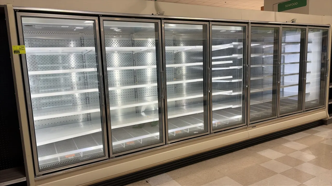 2014 Hillphoenix ORZ4 frozen food glass doors. Features adjustable shelving, LED interior lighting, and gas defrost. Electrical: 115/120V, 60 Hz, 1-Ph