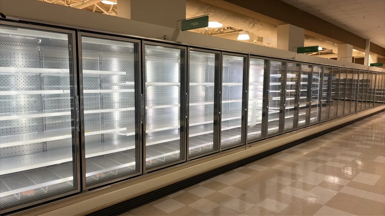 2014 Hillphoenix ORZ5 frozen food glass doors. Features gas defrost, LED interior lighting, solid adjustable shelving, and bottom wire rack shelving.