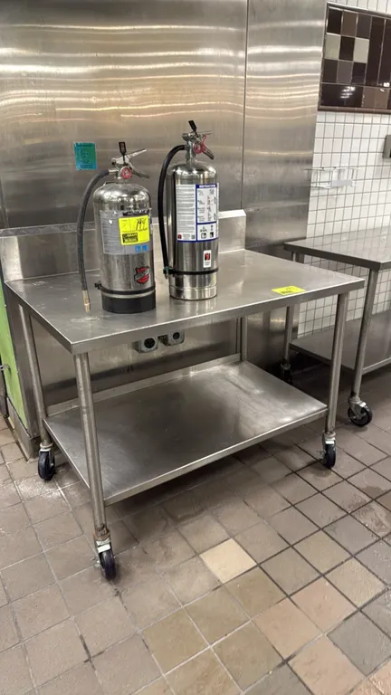 Stainless steel work table. Features a rear backsplash and lower undershelf. 48" x 30". Mounted on casters. Note: Fire extinguishers not included.