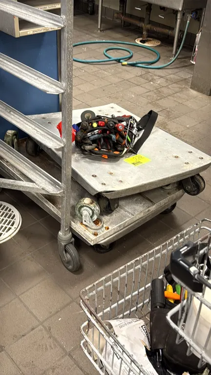 Aluminum 4-wheel flat dollies. Features solid aluminum platform deck construction. Each mounted on 4 swivel casters. Note: Tools and tool pouch not in