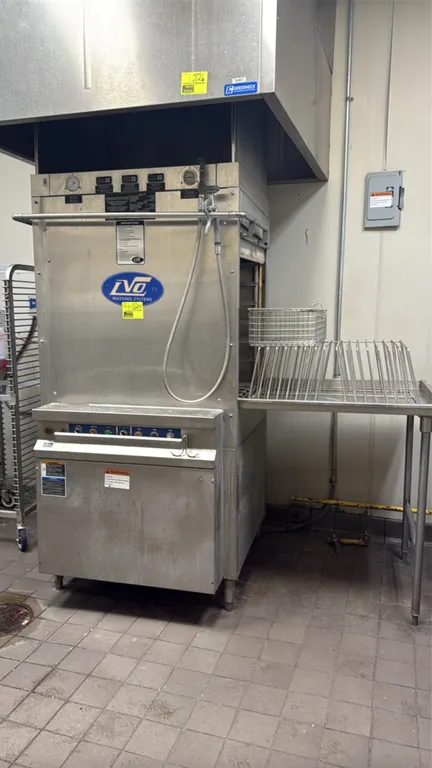 LVO PT14G commercial pan washer. Features stainless steel construction, front pre-rinse spray hose, cycle selector controls, and a 36" stainless steel