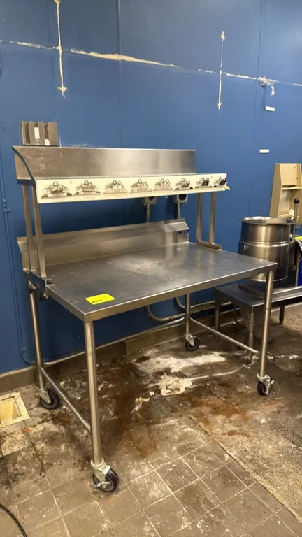 Stainless steel work table. Features a rear backsplash, table-mounted overshelf with days-of-the-week clip organizer, and tubular cross bracing. 48" x