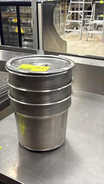 Stainless steel soup insert bowls. Features durable stainless steel construction with rolled rims, nesting design, and included lid.