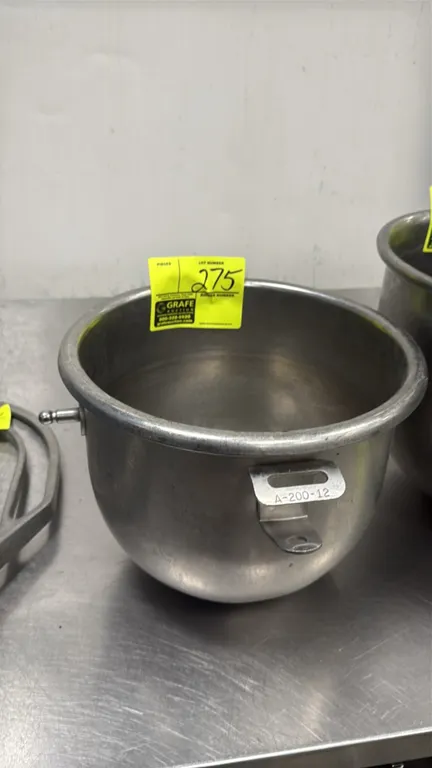 A-200-12 12-quart mixer bowl. Constructed of stainless steel. Features dual side handles with mounting brackets for mixer bowl cradle. Note: Adjacent