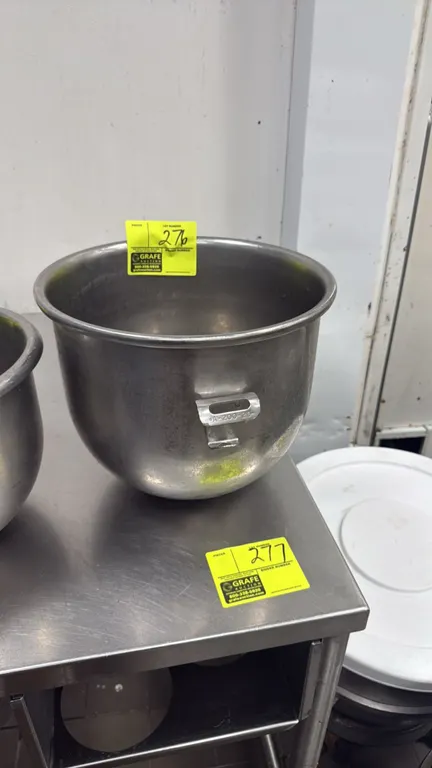 A-200-20 20-quart commercial mixer bowl. Constructed of stainless steel with dual side lift handles and rear locating bracket. Stainless steel work ta