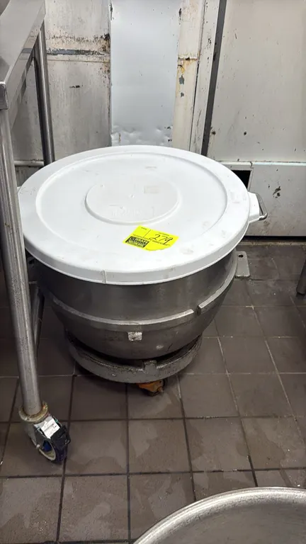 80-quart stainless steel mixer bowl. Features dual side handles and mixer mounting brackets. Includes white plastic lid and caster-mounted rolling bow