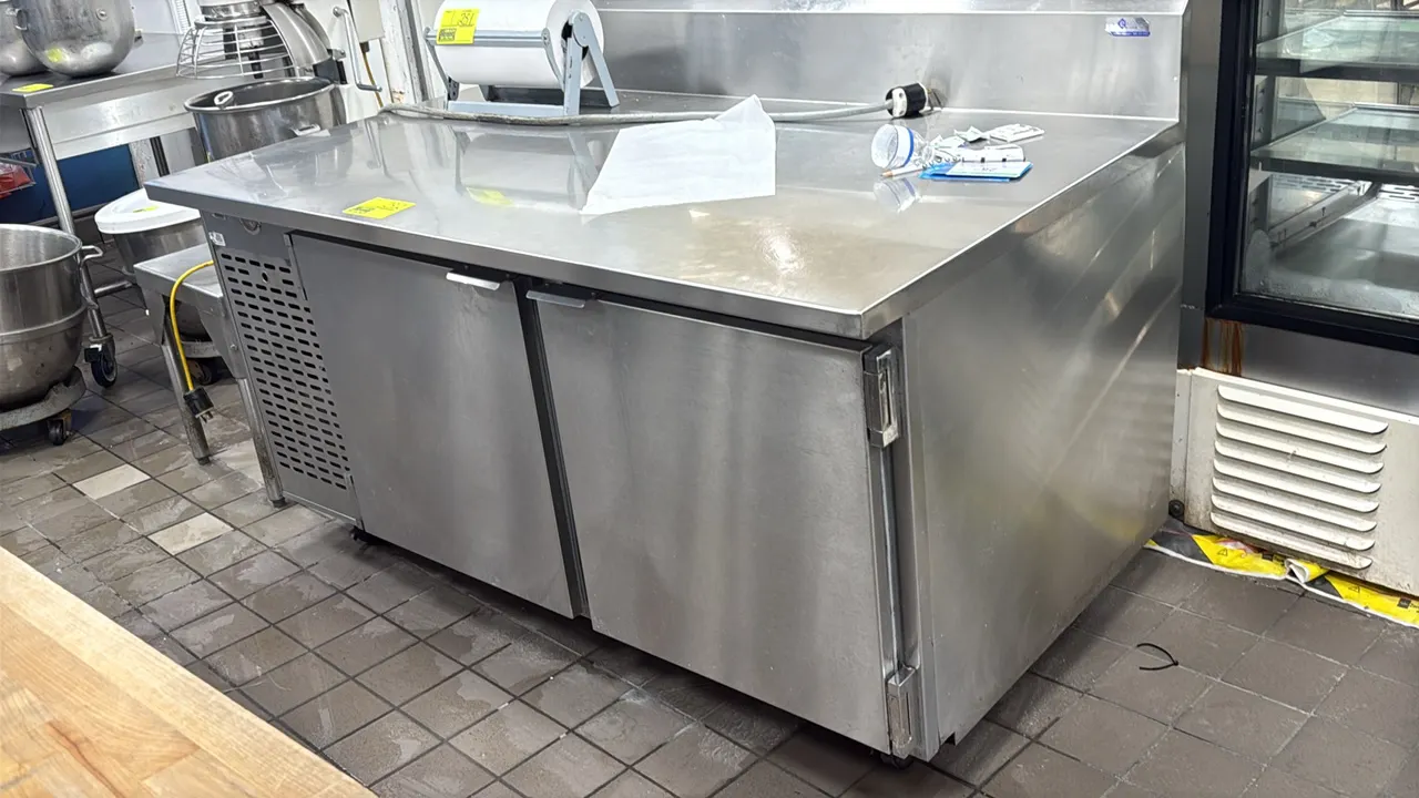 EMI Industries R-BPT-20-LC self-contained 2-door flat top refrigerator. Features stainless steel construction, flat top work surface with integrated b