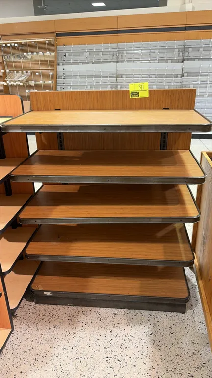 3'L wood 5-tier produce end cap display. Features 4 adjustable upper shelves and 1 base shelf with protective bumper edge trim, slotted metal uprights