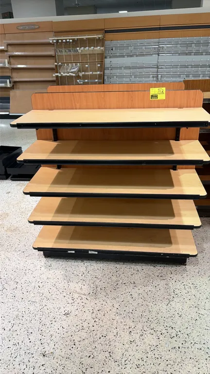 Wood 5-tier display units. Features light wood-grain laminate construction, black protective edge molding, and black metal shelf uprights with adjusta
