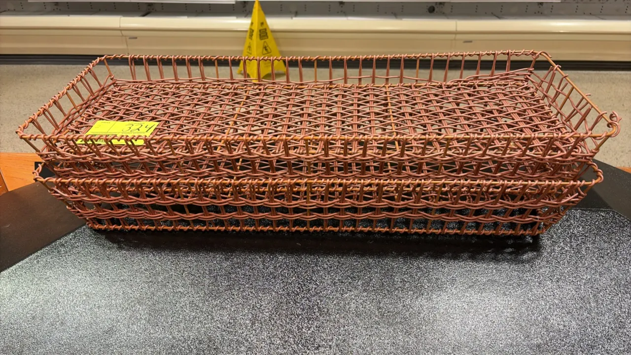 Wire produce display baskets. Features rectangular open-weave construction with brown protective coating.