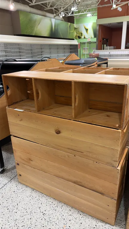 Wood 3-slot produce display cubes. Features 3-compartment divided design with integrated cutout handles and natural wood construction. 42"L.