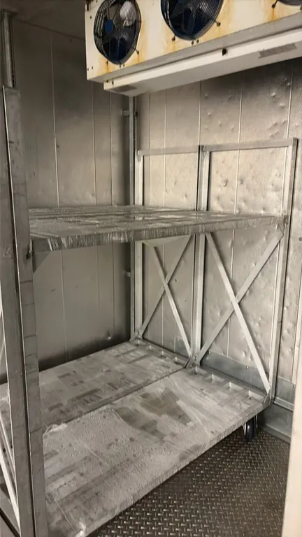 Aluminum 2-tier carts. Features aluminum construction with reinforced cross-bracing and two shelf tiers. 5'. Mounted on casters. Walk-in cooler and re