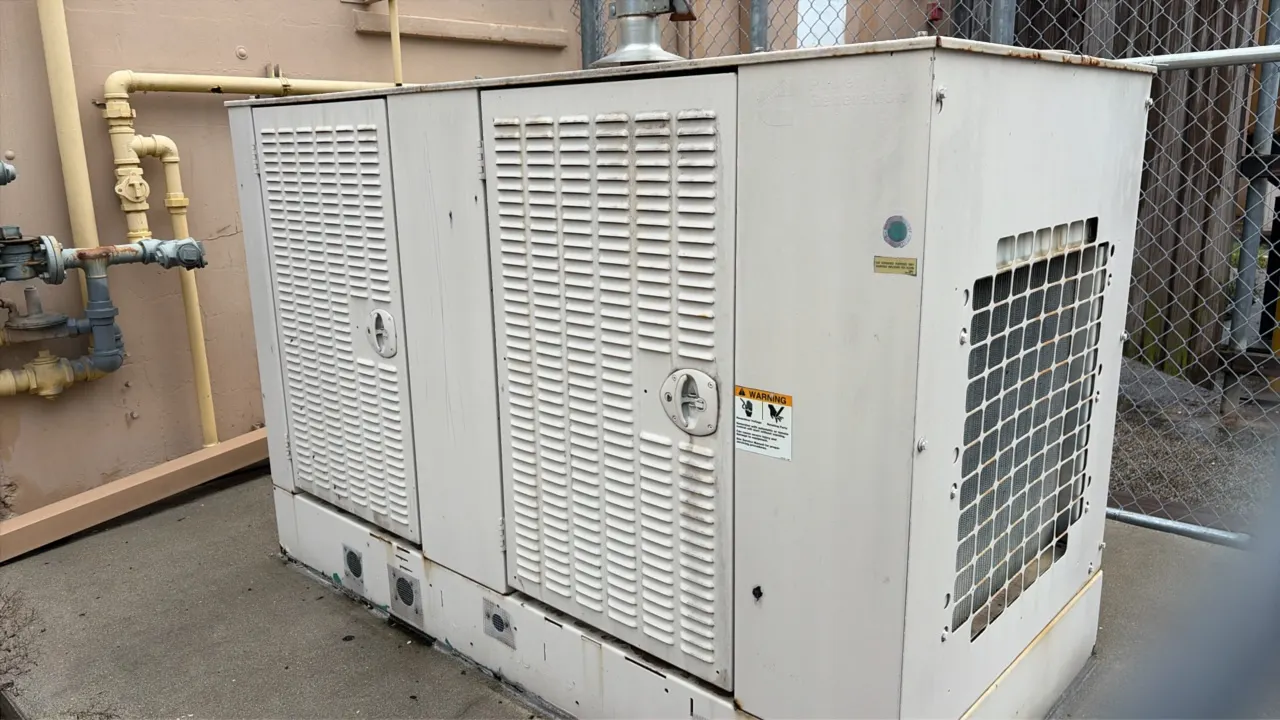 2020 Cummins GGHE 60kW natural gas emergency generator. Features a weather-protective enclosure and louvered access doors. Meter reads 685 hours. S/N: