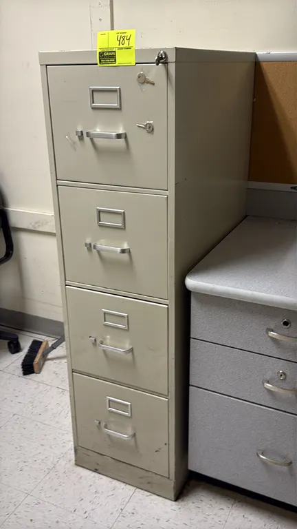 Metal 4-drawer vertical file cabinet. Features beige finish, integrated label holders, aluminum drawer pulls, and top plunger lock with keys included.