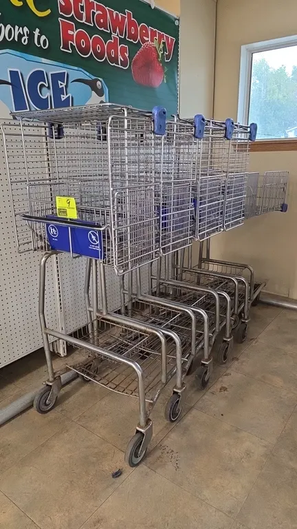 Over-the-counter wire shopping carts. Features nesting wire construction, upper basket with blue folding child seat, blue plastic corner bumpers, lowe