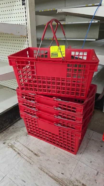 Poly shopping baskets. Features red perforated grid construction, dual folding wire handles with plastic grips, and stackable design. Dimensions: 17.7