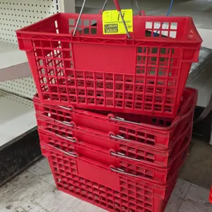 Poly shopping baskets. Features red perforated grid construction, dual folding wire handles with plastic grips, and stackable design. Dimensions: 17.7