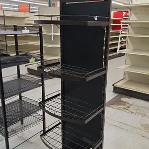 Metal 5-tier merchandiser display rack. Features textured hammered-finish metal frame, 4 wire basket shelves, solid bottom shelf, and arched top graph