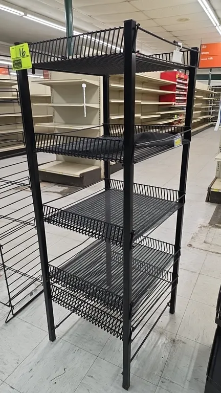 Metal 5-tier merchandiser display rack. Features wire basket shelving with mesh liners and a black powder-coat finish. Dimensions: 19" x 21.5" x 54".