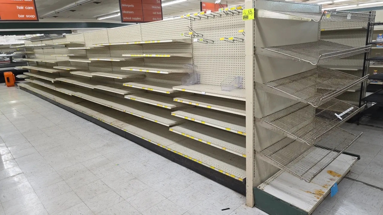 72'L of Lozier gondola shelving. Includes (1) 4' end cap. Features 72"H uprights, 22"D base shelves, pegboard backing, adjustable upper shelves, and s