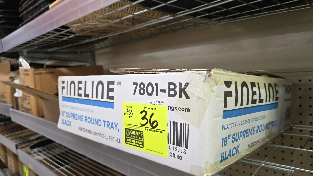 Assorted catering and bakery supplies package lot. Includes Fineline 18" disposable plastic round trays, plastic cookie cutters, Yoshi Glimmerware 8"