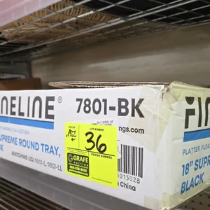 Assorted catering and bakery supplies package lot. Includes Fineline 18" disposable plastic round trays, plastic cookie cutters, Yoshi Glimmerware 8" 