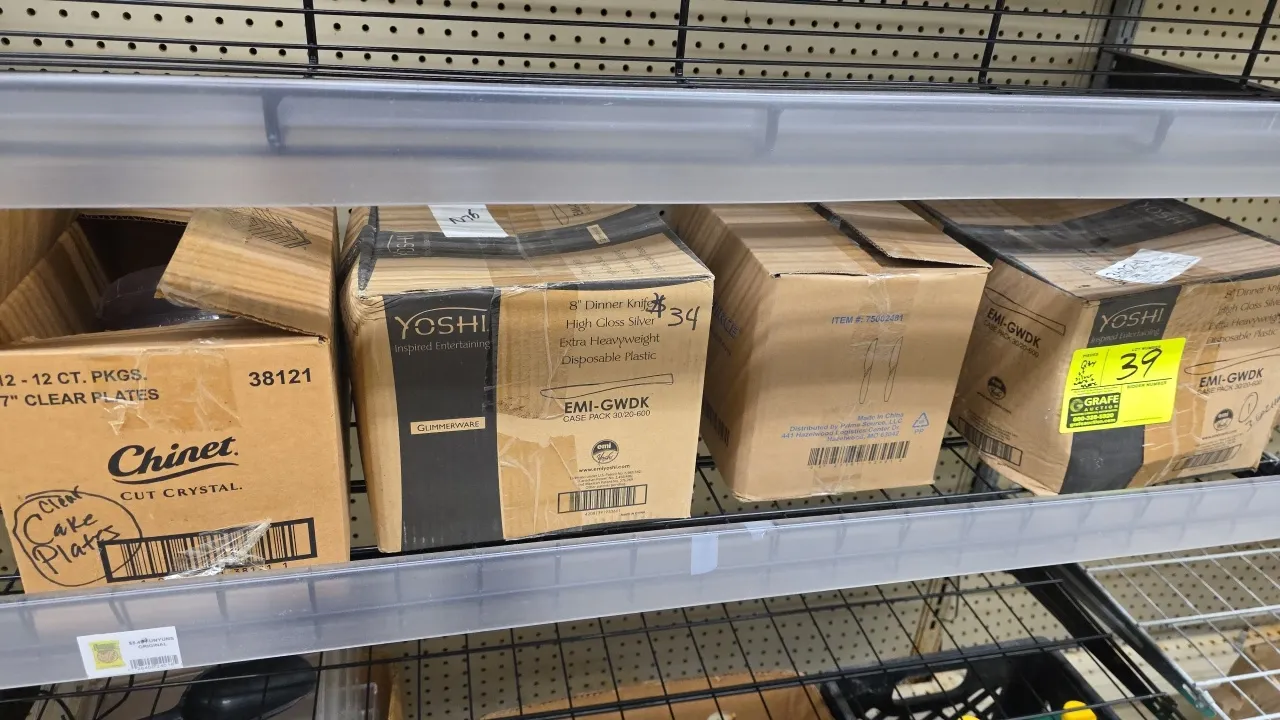 Assorted disposable plastic dinnerware lot. Includes (3) boxes of plastic dinner knives including Yoshi Glimmerware EMI-GWDK 8" high-gloss silver extr