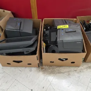 Assorted point-of-sale equipment. Includes Toshiba display monitors, receipt printers, Verifone payment terminals, mounting brackets, cables, and medi