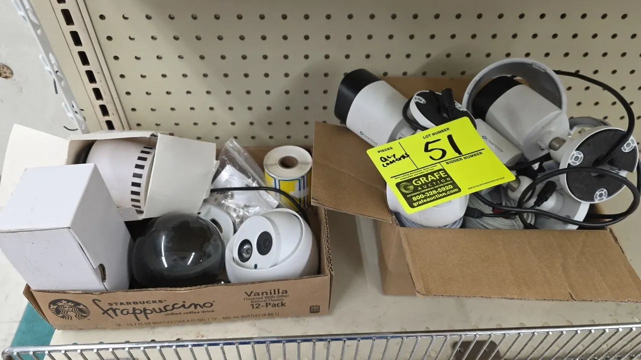 ClearView security cameras and cables lot. Includes bullet security cameras with night vision IR LEDs, dome and turret style cameras, spools of video/