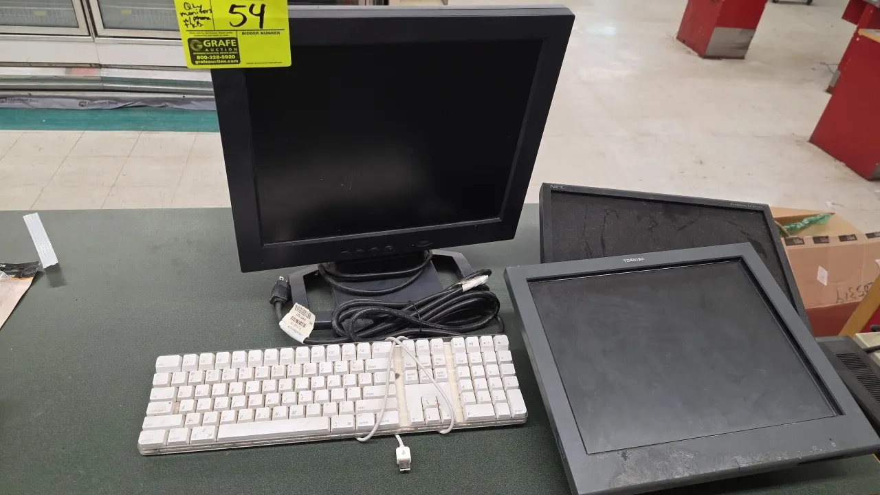 Assorted LCD monitors and computer accessories lot. Includes (1) NEC AccuSync LCD73VX monitor, (1) Toshiba 4820-5LG POS display monitor, (1) LM720 TFT