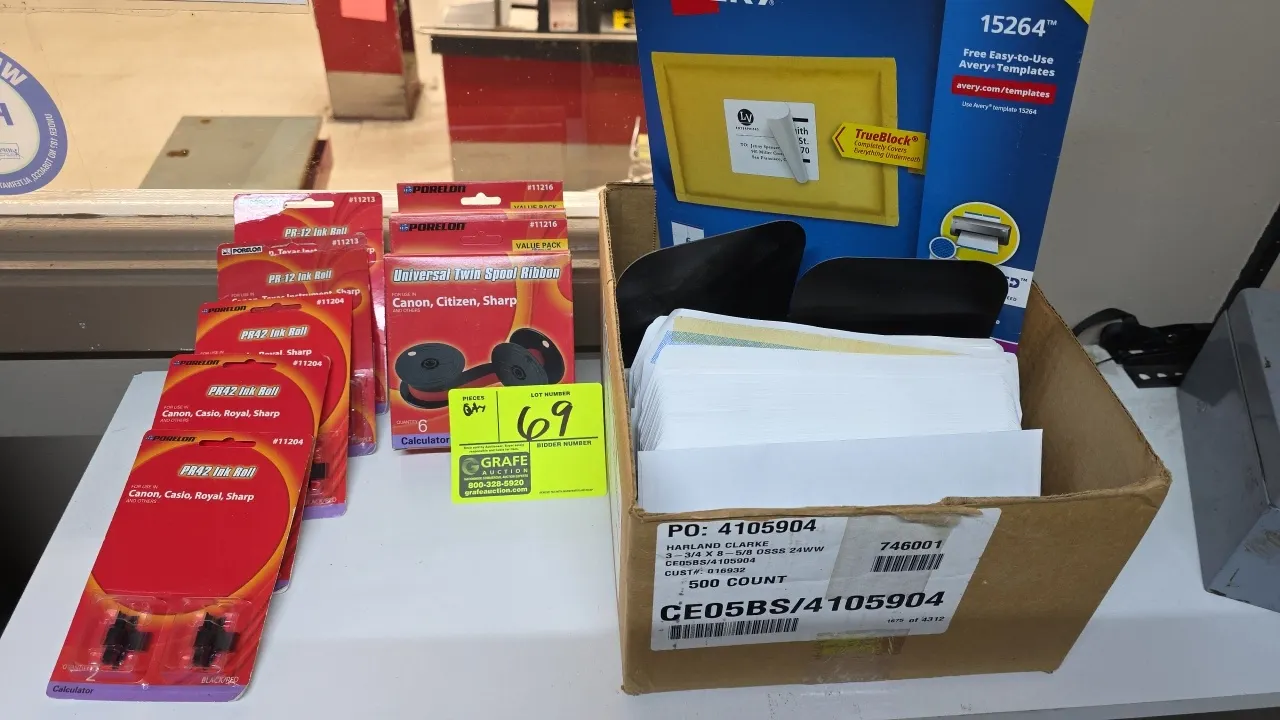 Assorted office supplies. Includes Porelon Universal twin spool calculator ribbons (#11216), Porelon PR42 and PR-12 ink rolls, Harland Clarke envelope