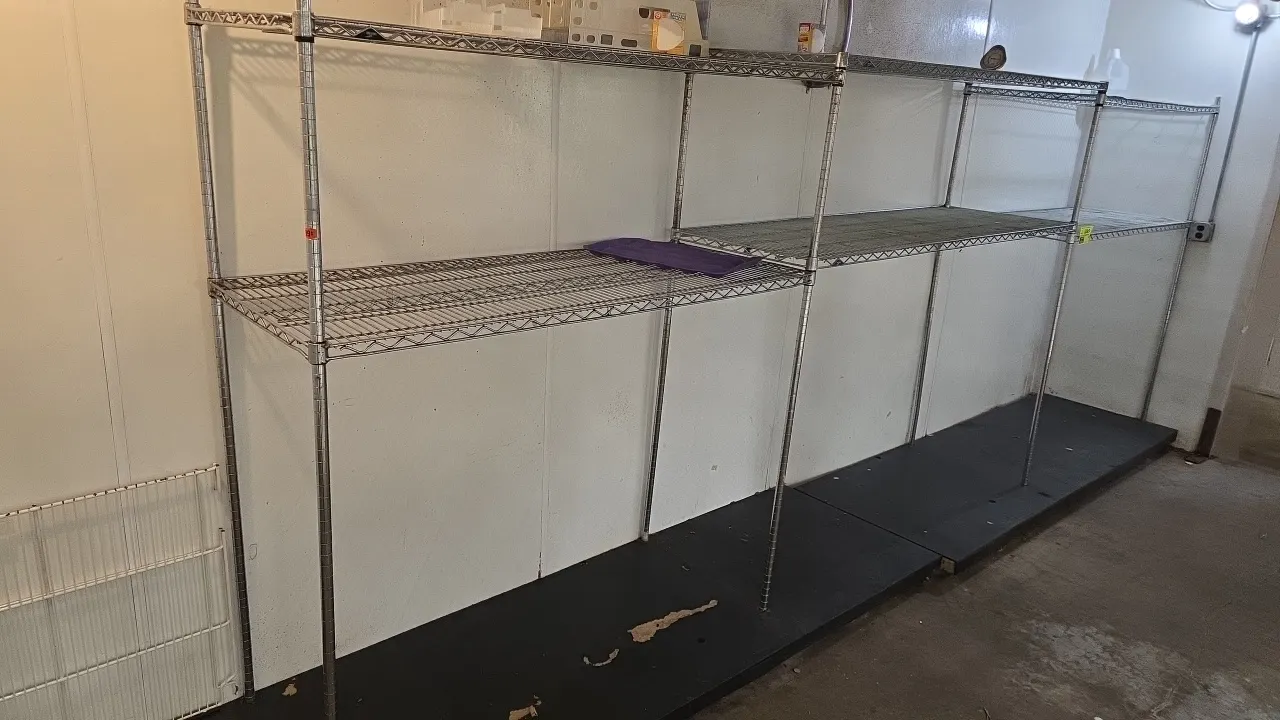 Chrome 2-tier wire shelving units. Features adjustable wire shelves and grooved posts. 60"W x 24"D x 74"H each. Contents not included.