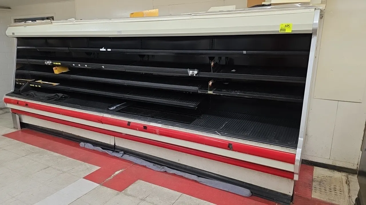 2005 Hussmann M4-8E U medium-temp multi-deck display cases. Features multi-tier adjustable shelving, red bumper trim, and interior lighting. 8'L each