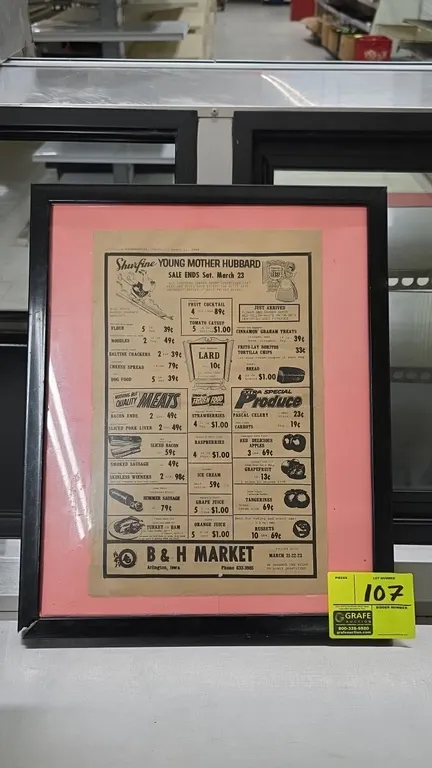 A Framed 1968 B&H Market Newspaper Advertisement. (1968) A vintage grocery advertisement from the Arlington Progressive for B & H Market in Arlington,